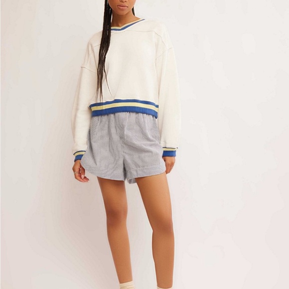 $98 Free People Rio Stripe Hem Sweatshirt, Women's Cream and Blue V-Neck Top - Picture 2 of 7